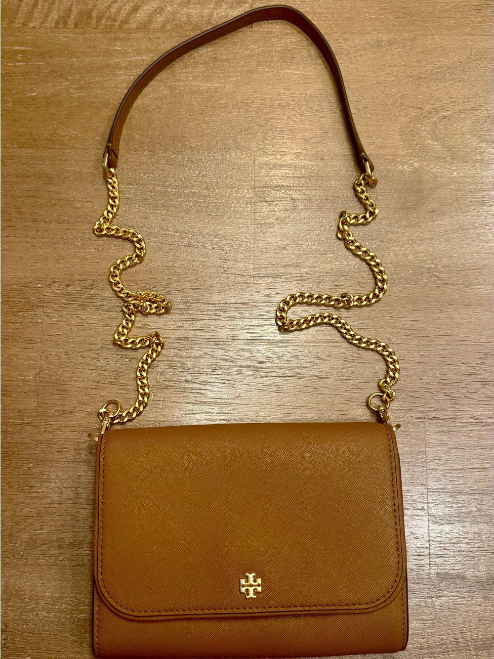 Tory Burch Tan Leather Crossbody with Gold Chain Strap